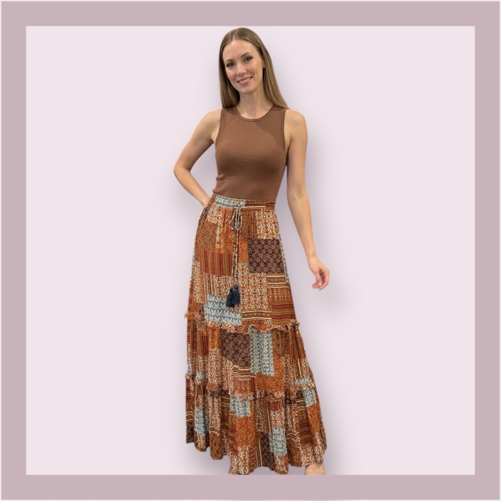 Main Strip Patchwork Print Tiered Maxi Skirt - image 1